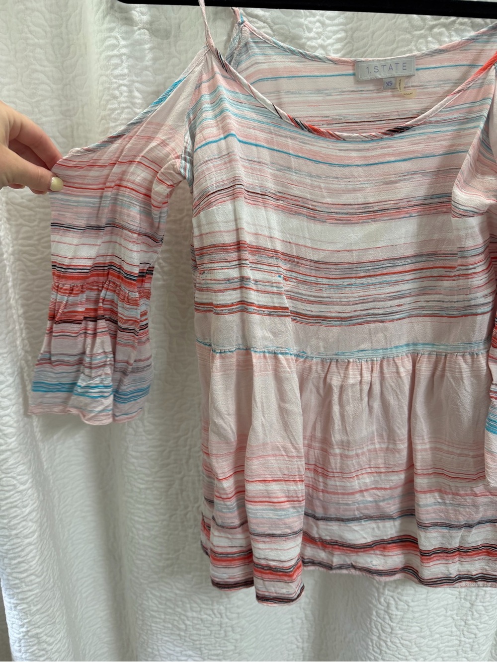 1. State Multicolor Striped Cold-Shoulder Blouse
